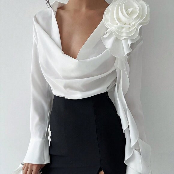 Elegant Women's Turn-Down Collar Deep Draped Neck Fitted Long Sleeve blouse - Picture 1 of 8